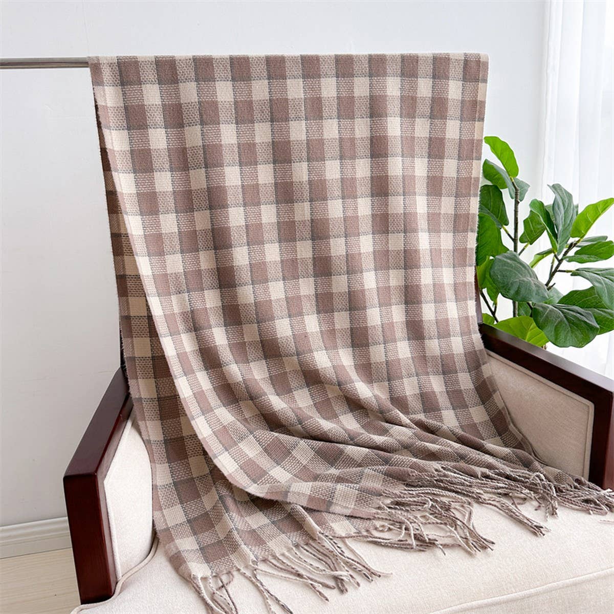 PLAID FAUX CASHMERE SCARF COZY LONG FRINGE WRAP_CWASC1442