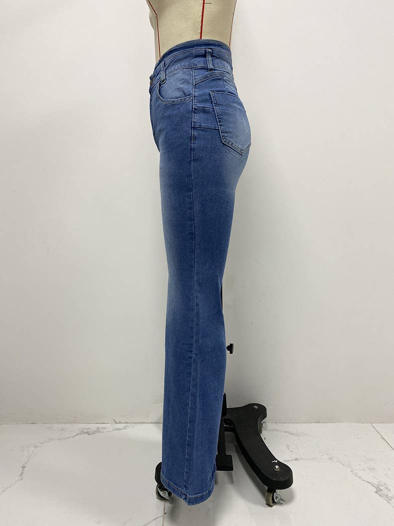 Washed Jeans Decorated Height Waist Bell Bottoms