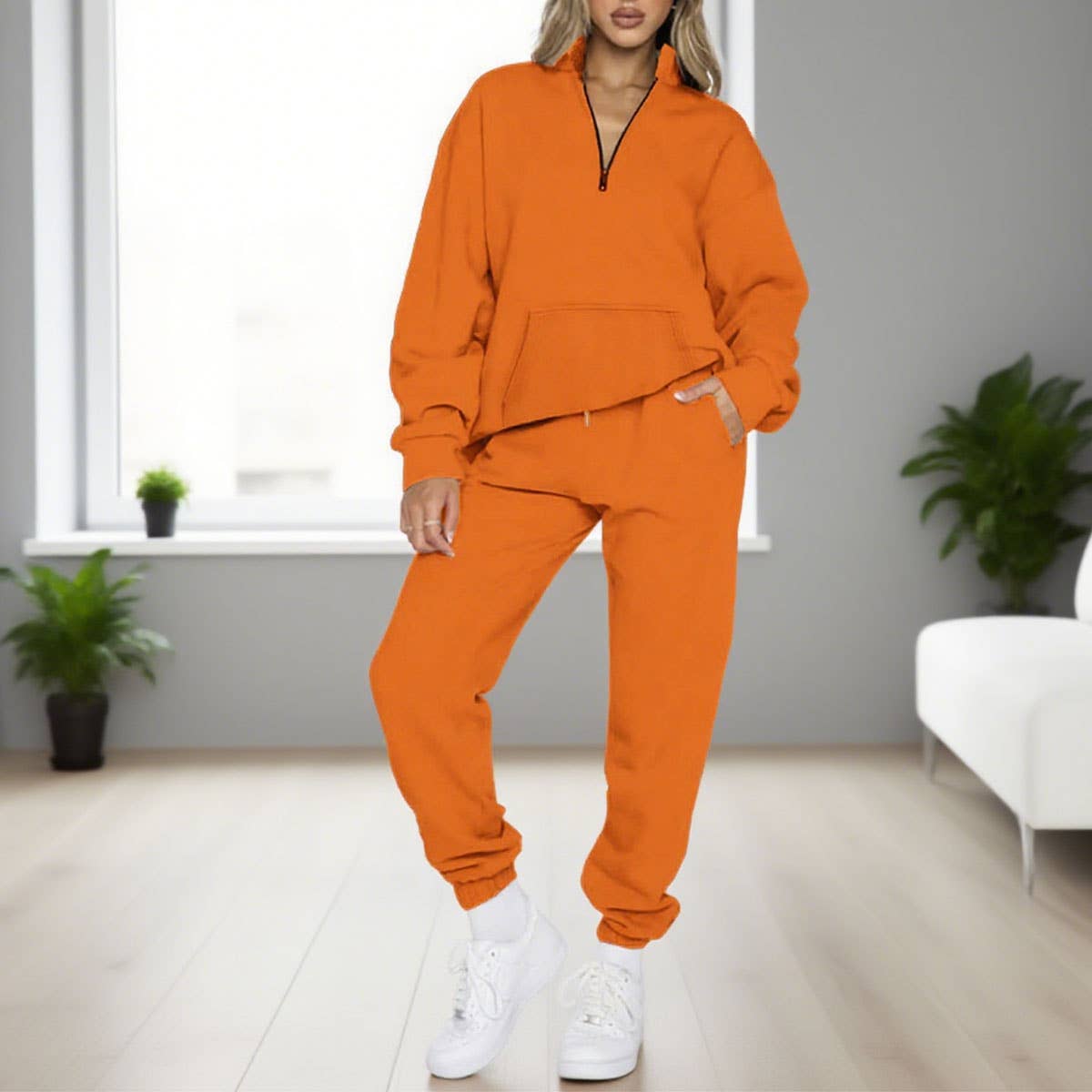 Solid-Color Zipper Sweatshirt And Sweatpants Set