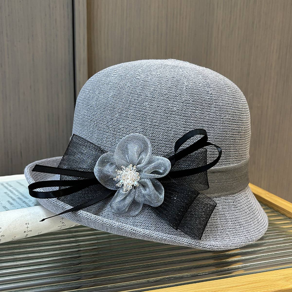 KNITTED SUNSHADE MESH FLOWER BOW BUCKET HAT_CWAH1212