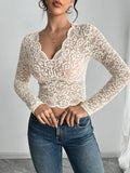 Solid-Color Sexy Lace V-Neck Long-Sleeved T-Shirt