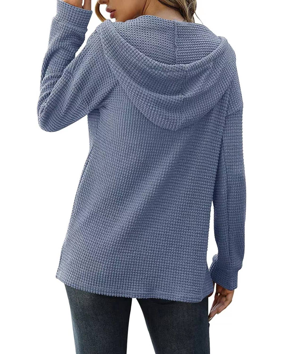 Waffle Solid Color Baggy Hooded Button Knit