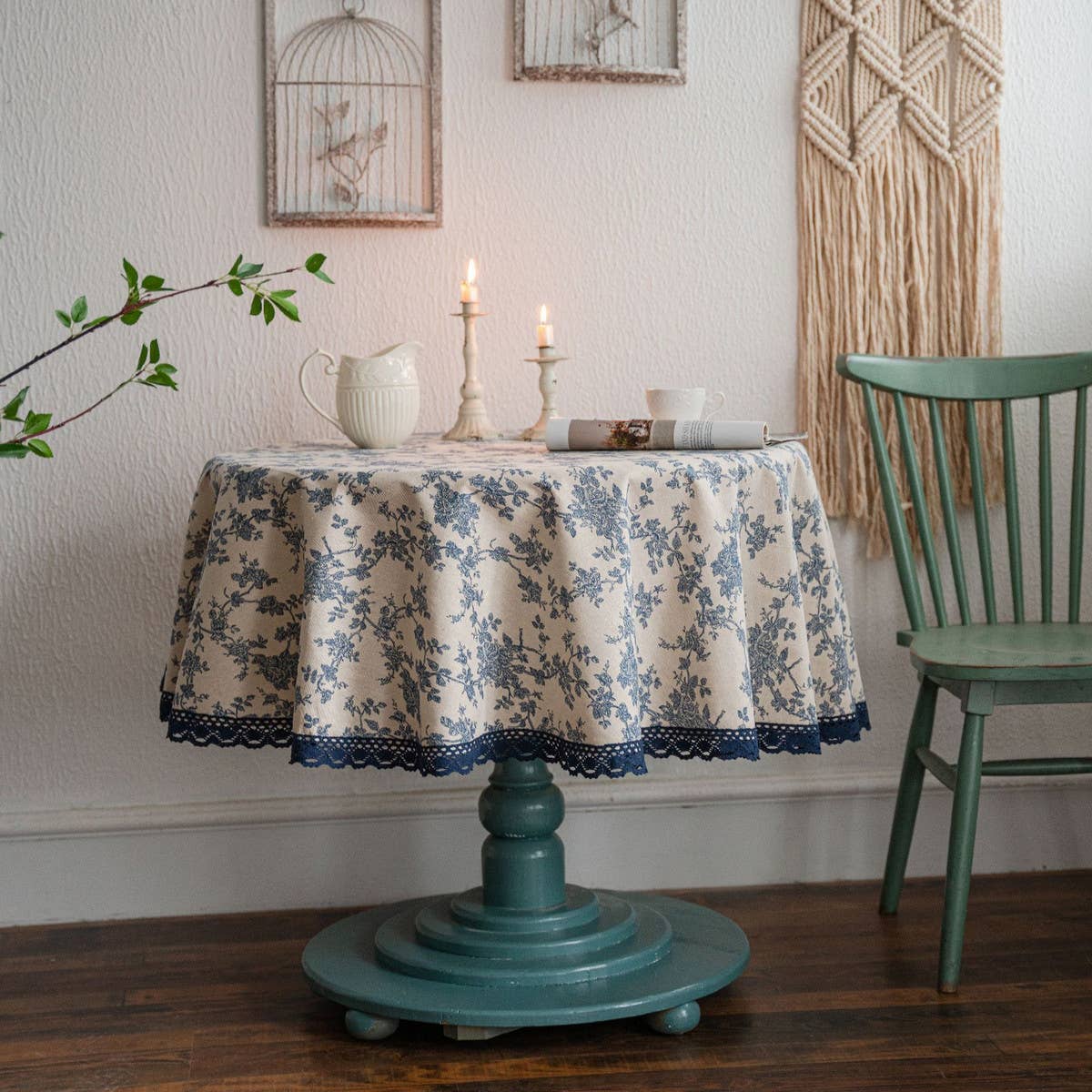 Vintage Blue Rose Print Tablecloth_Cwmm0958