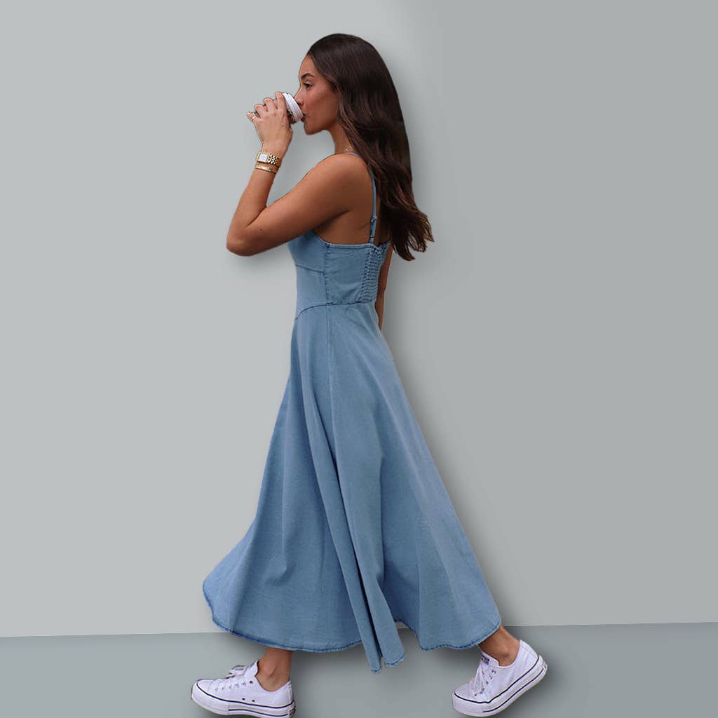 V-Neck Halter Strap Elastic Denim Long Dress
