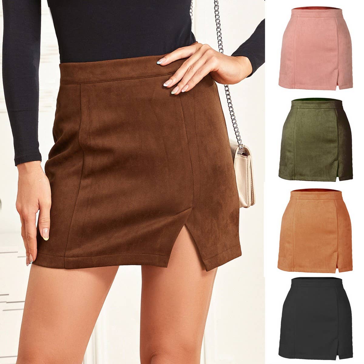 SUEDE HIP HUGGING MINISKIRT HIGH WAIST ZIPPER SKIRT_CWAB4796