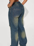 Vintage Heavy Wash Knee Hole Wide-Leg Denim Pants