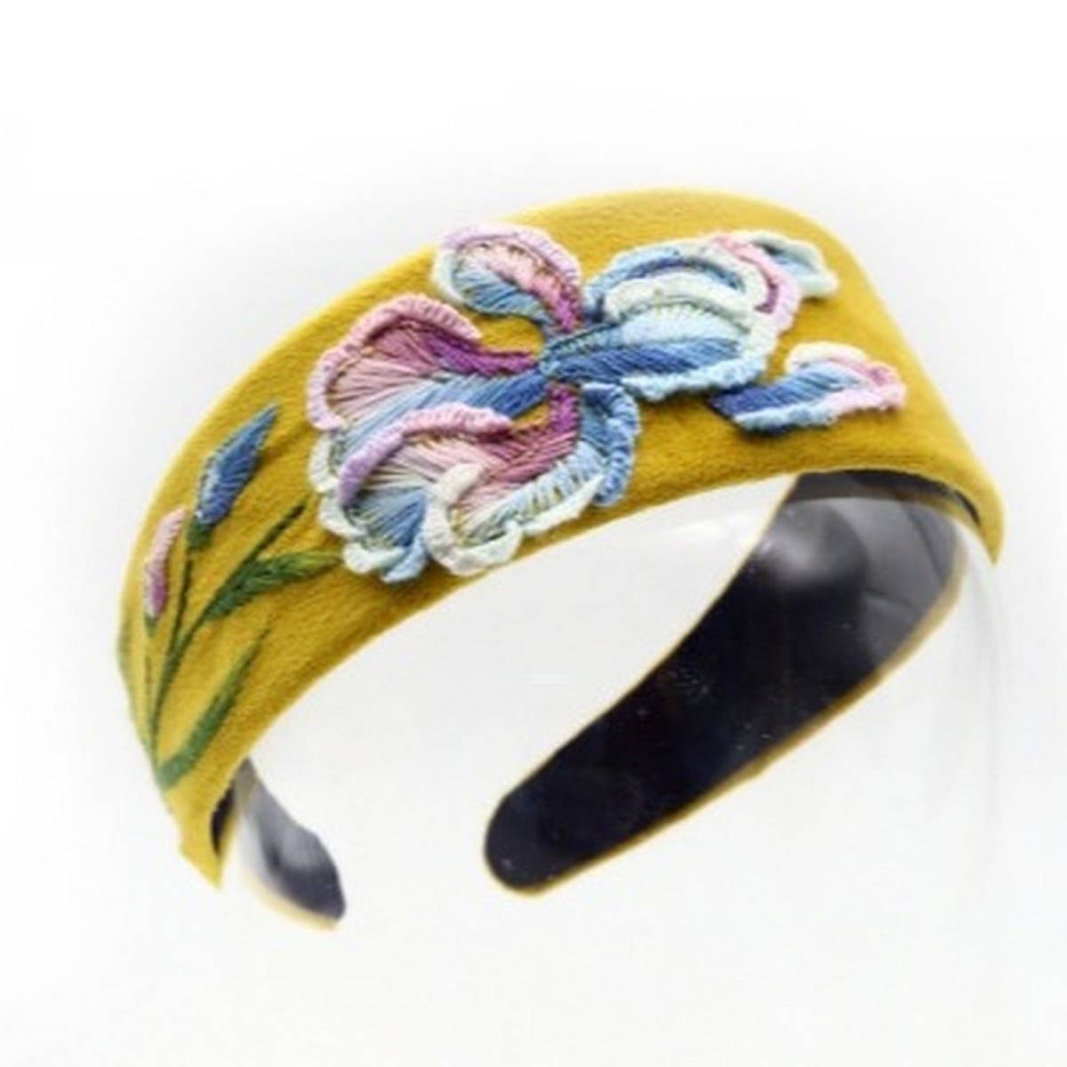 EMBROIDERED BLUE FLORAL HEADBAND WITH WIDE BAND_CWMM6111