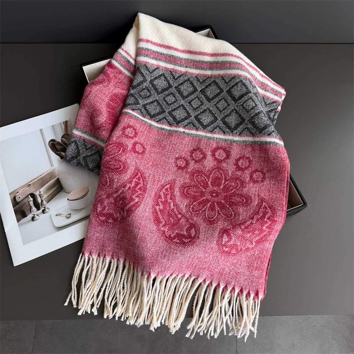 Fresh Floral Winter Tassel Scarf Soft Cashmere_Cwasc03248