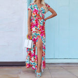 Vacation-Style Printed V-Neck Short-Sleeved Dress