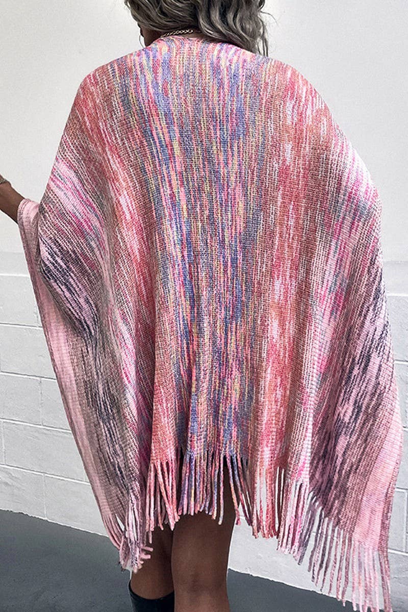 Cwocas0051_Contrast Color Pompom Tassel Knitted Shawl