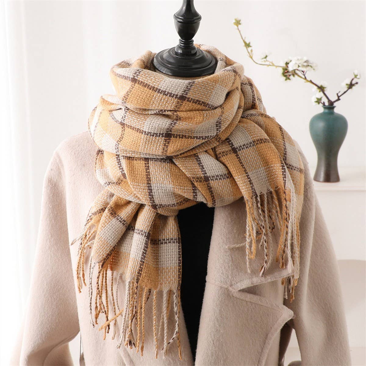PLAID FAUX CASHMERE SCARF COZY LONG FRINGE WRAP_CWASC1442