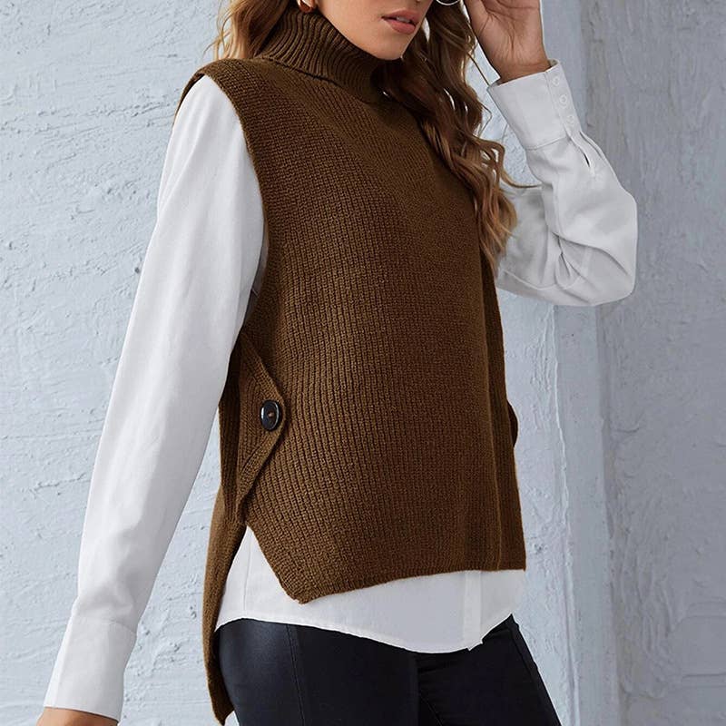 Solid Color Turtleneck Sleeveless Waistcoat
