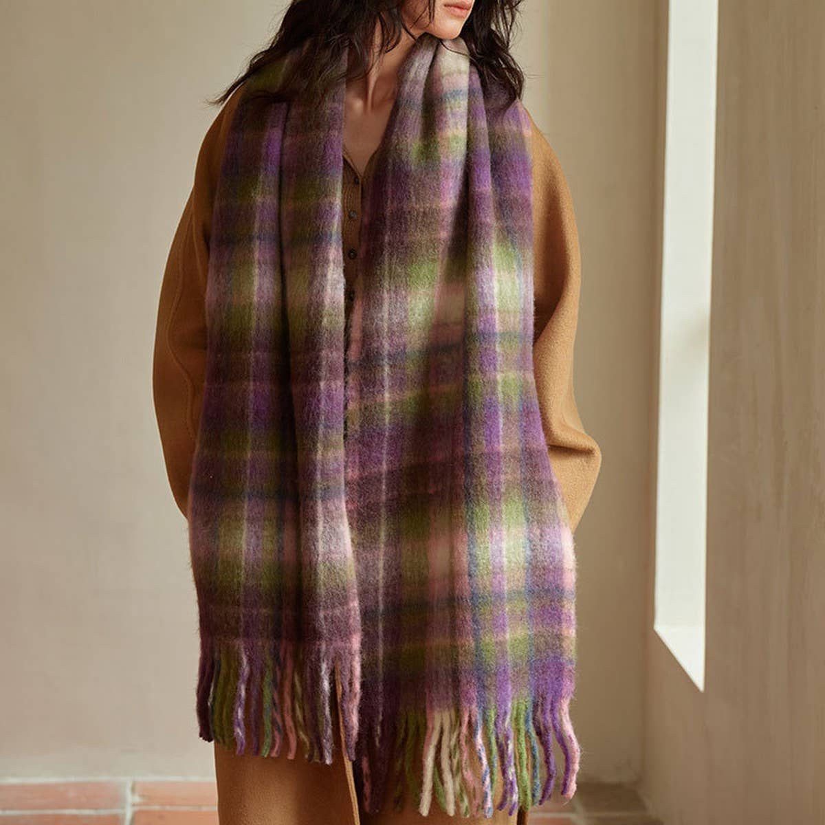 PURPLE PINK WOOL BLEND PLAID SCARF WINTER WARMTH_CWASC2334