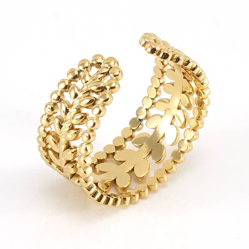 French Vintage Hollow Leaves Adjustable Ring