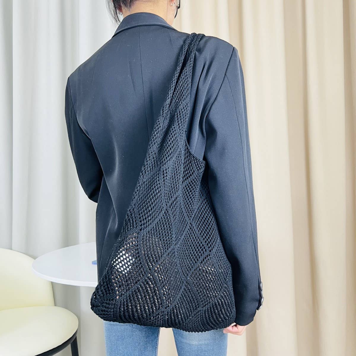 Cwab4575_Solid Knit Hollow Woven Shoulder Tote Bag