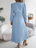 V-Neck Button-Up Long Pleated Dress