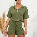 Solid Color Hooded Zipper Shorts Casual Suit