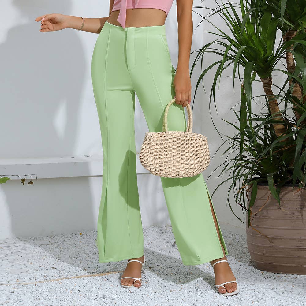 Solid Color High-Waisted Slacks With Slit Horns