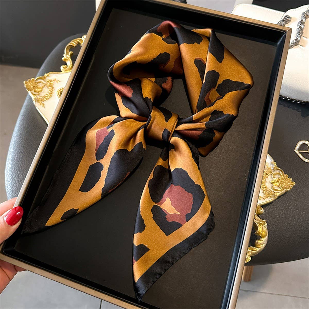 LEOPARD PRINT SATIN SQUARE SCARF HAIR WRAP_CWASC1425