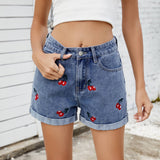 Washed Cherry Embroidered Denim Shorts Hot Pants