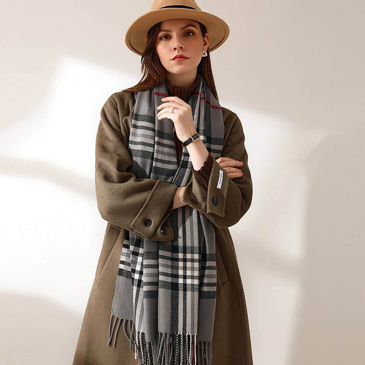 PLAID FAUX CASHMERE SCARF SWEET MID LENGTH WRAP_CWASC0190