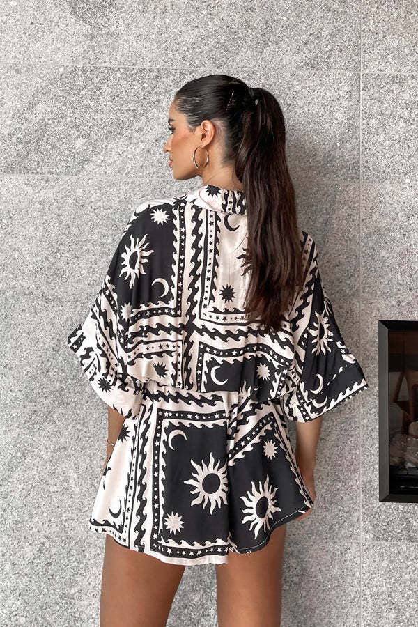 Waist-Cinched Lace-Up V-Neck Geometric Jumpsuit