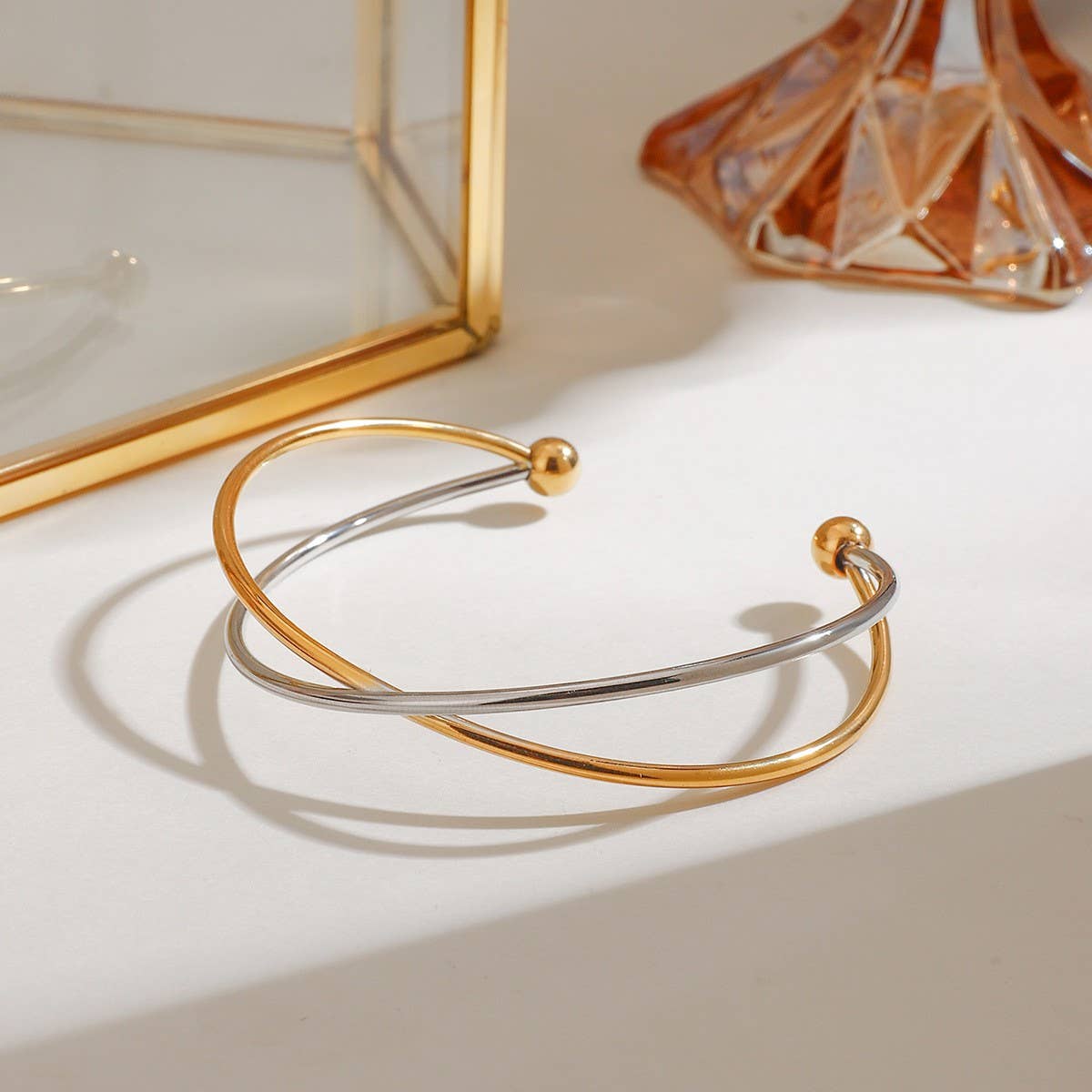 18K GOLD SILVER TWO TONE CROSS OPEN CUFF_CWAJE4638