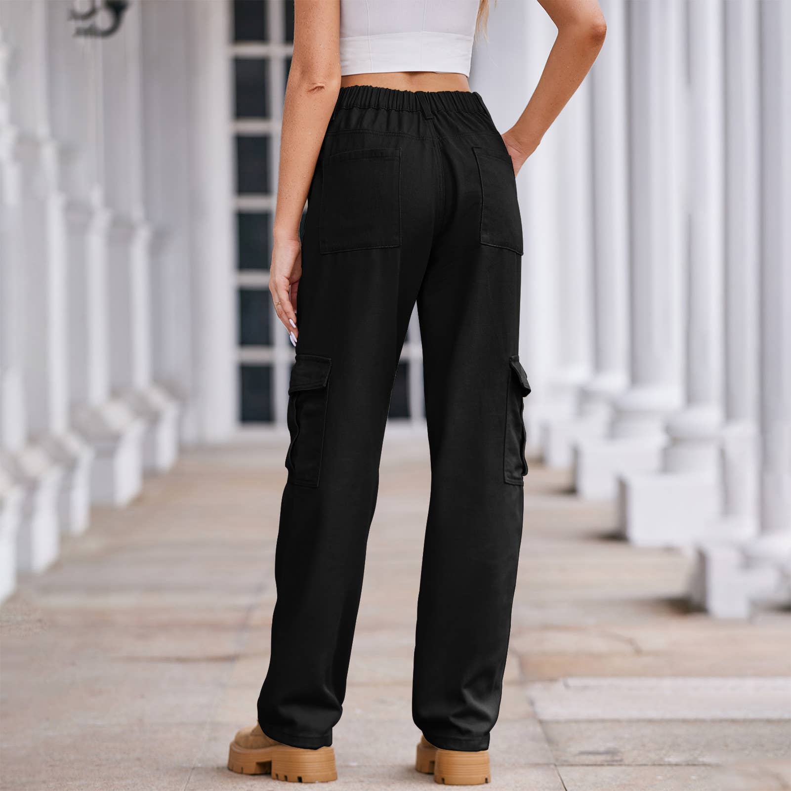 Washed Semi-Elastic-Waisted Denim Cargo Pants