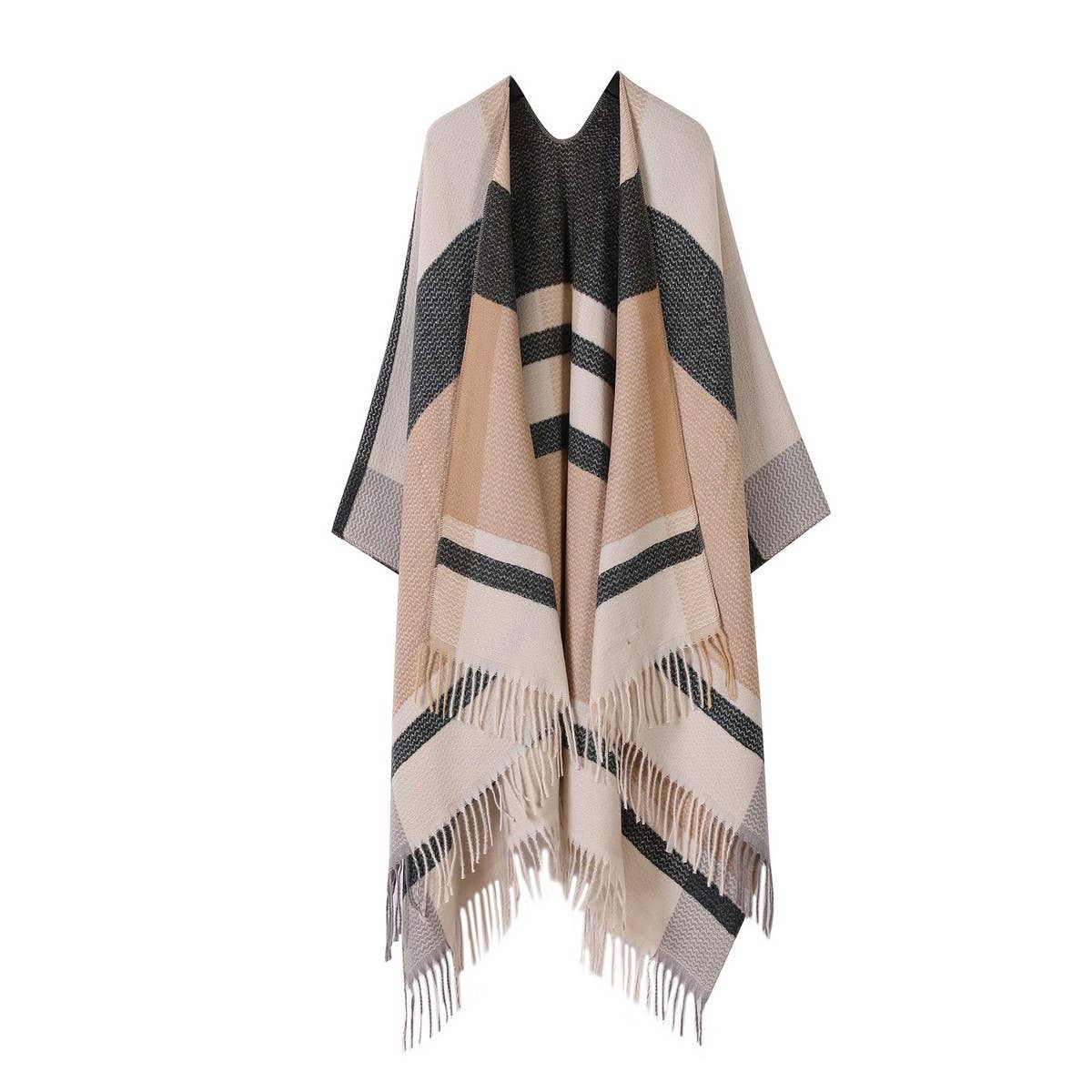 FRINGED SLIT SHAWL PLAID SCARF WARM CAPE_CWASC2219