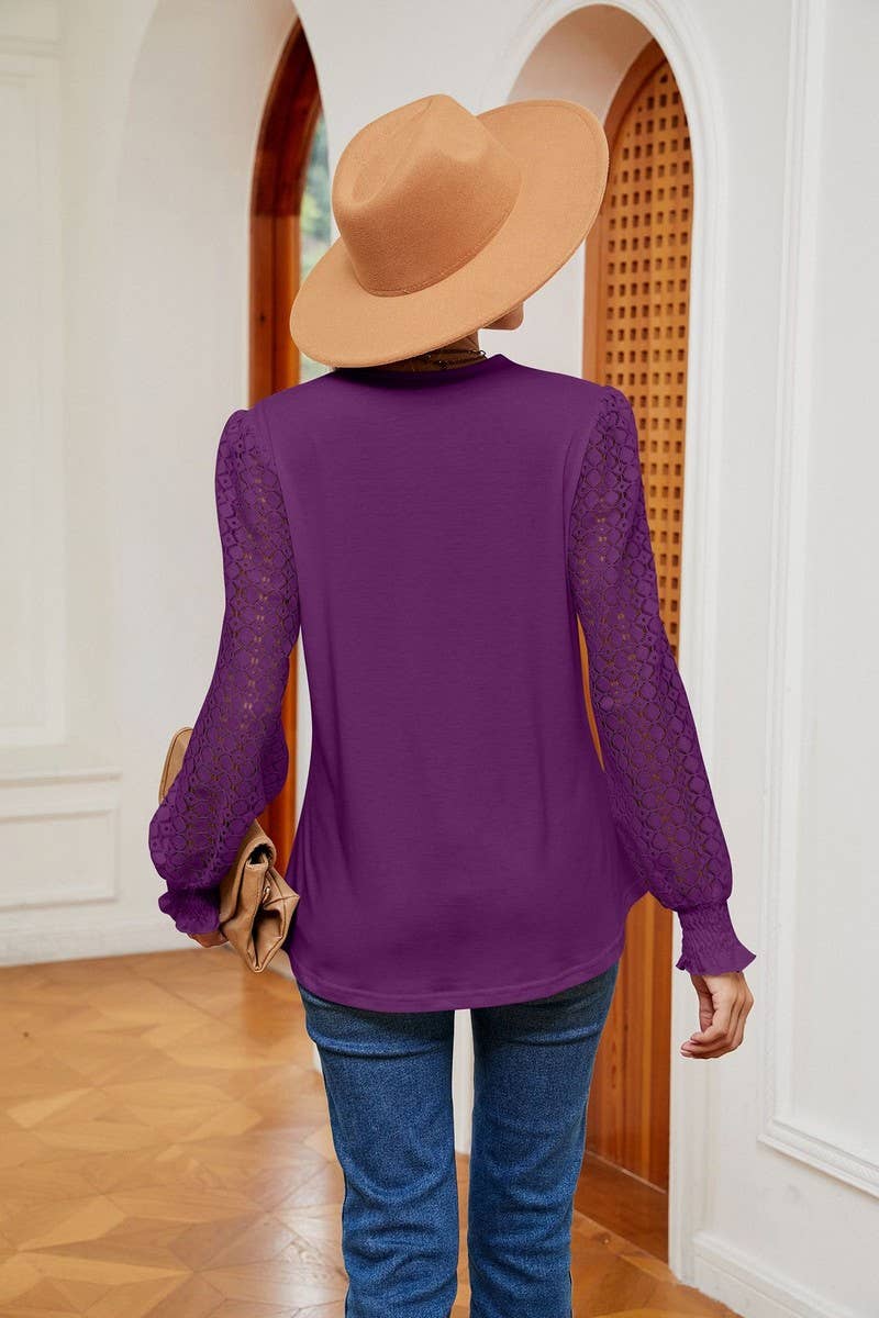 Cwtbll2401_V-Neck Lace Stitching Long-Sleeved Casual Top
