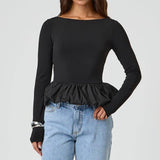 Solid Color Crew Neck Patchwork Long Sleeve Top