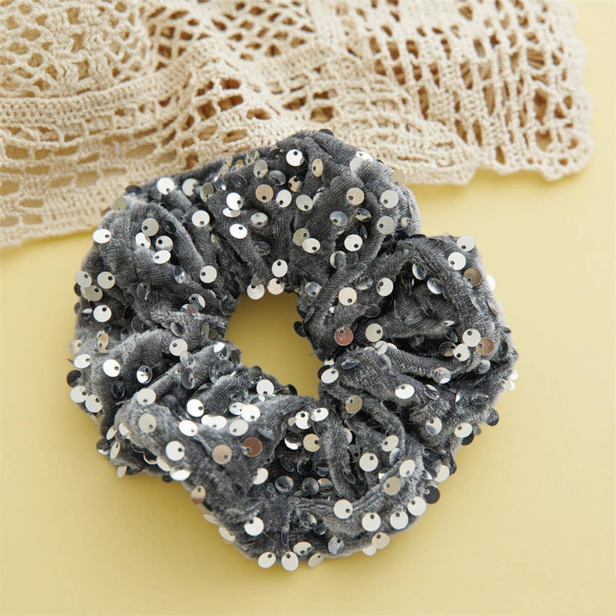 Black Sequin Hair Scrunchie Shiny Ponytail Holder_Cwaha07539