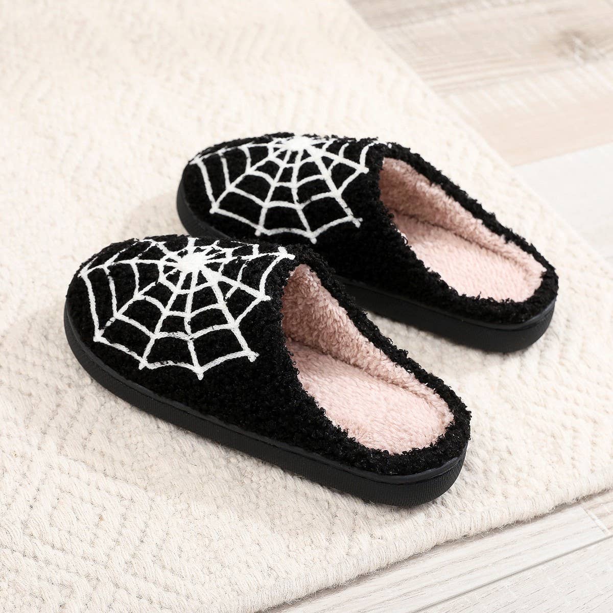 HALLOWEEN SPIDER WEB EMBROIDERED COTTON SLIPPERS_CWSHS0757