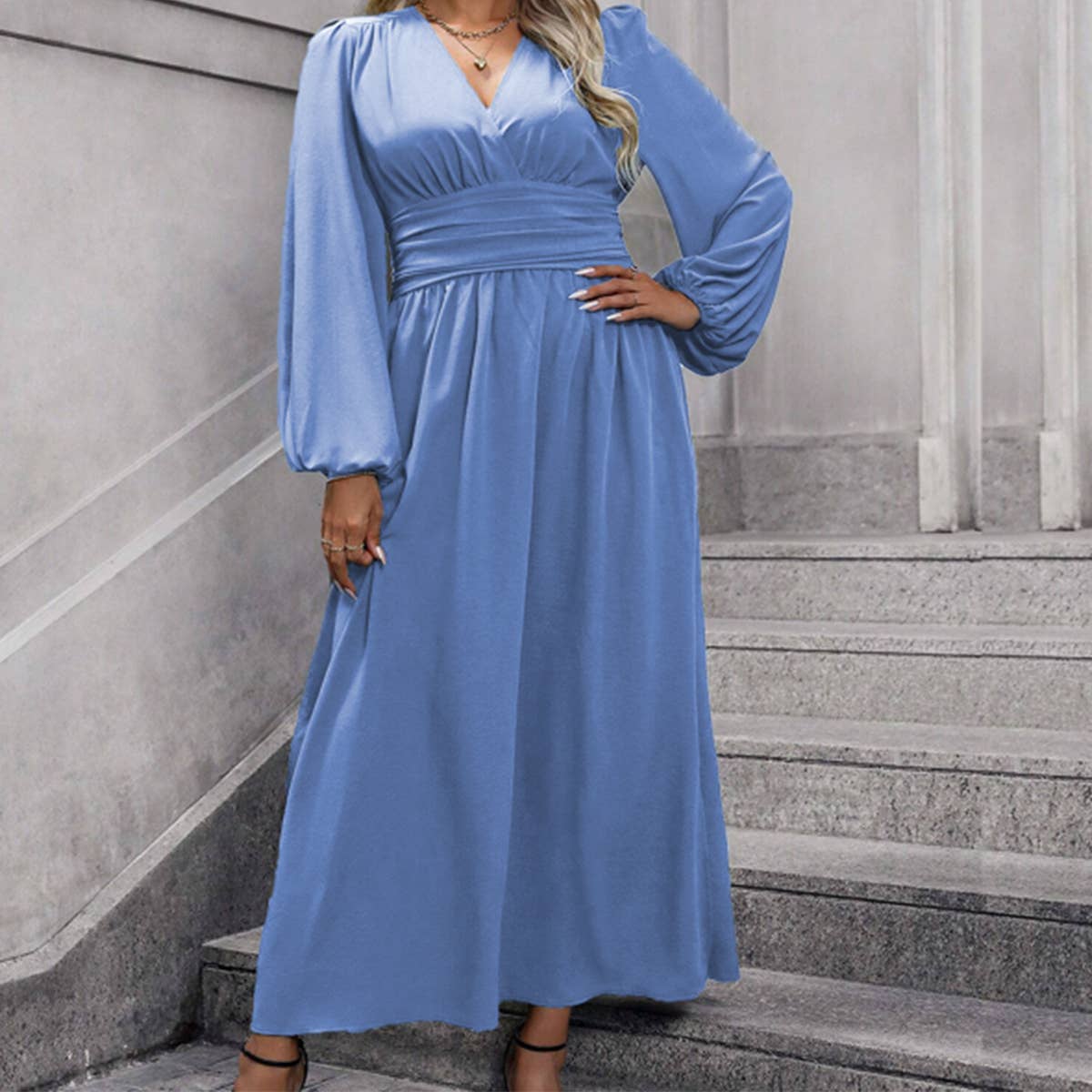 SEXY V NECK WAIST CINCHED LONG SLEEVE DRESS_CWDMD6044