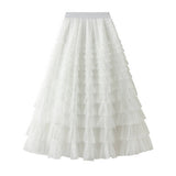 White Tulle Tiered Pleated A-Line Maxi Skirt_Cwbms0369