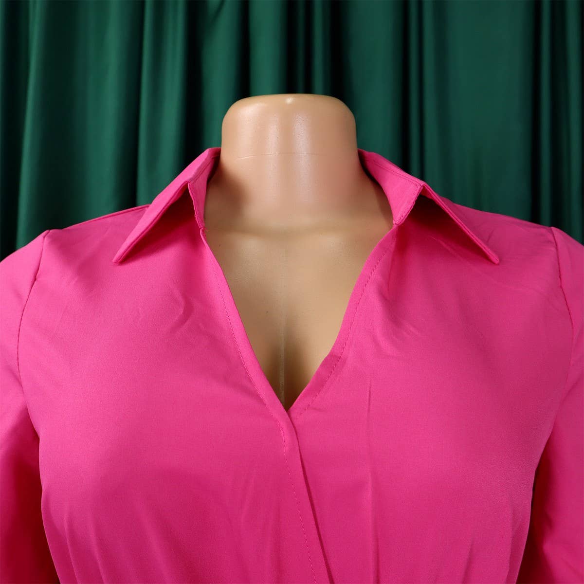 ELEGANT LAPEL SOLID COLOR WIDE HEM PLEATED DRESS_CWDMD3661