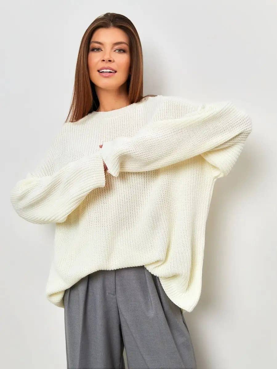 Solid Color Crew Neck Loose Knit Sweater