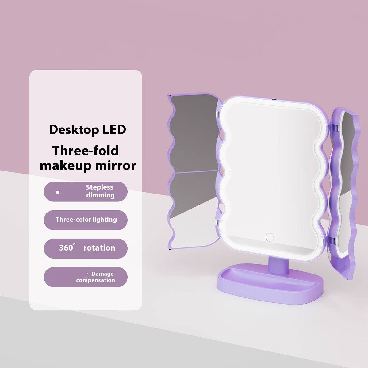 Three-Way Led Makeup Mirror With Wave Shape_Cwmm5649
