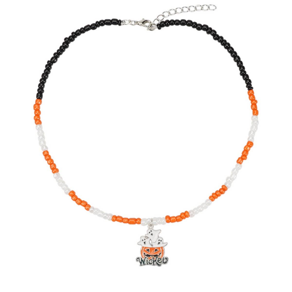 Cwaje05680_Halloween Ghost Pumpkin Beaded Pendant Necklace