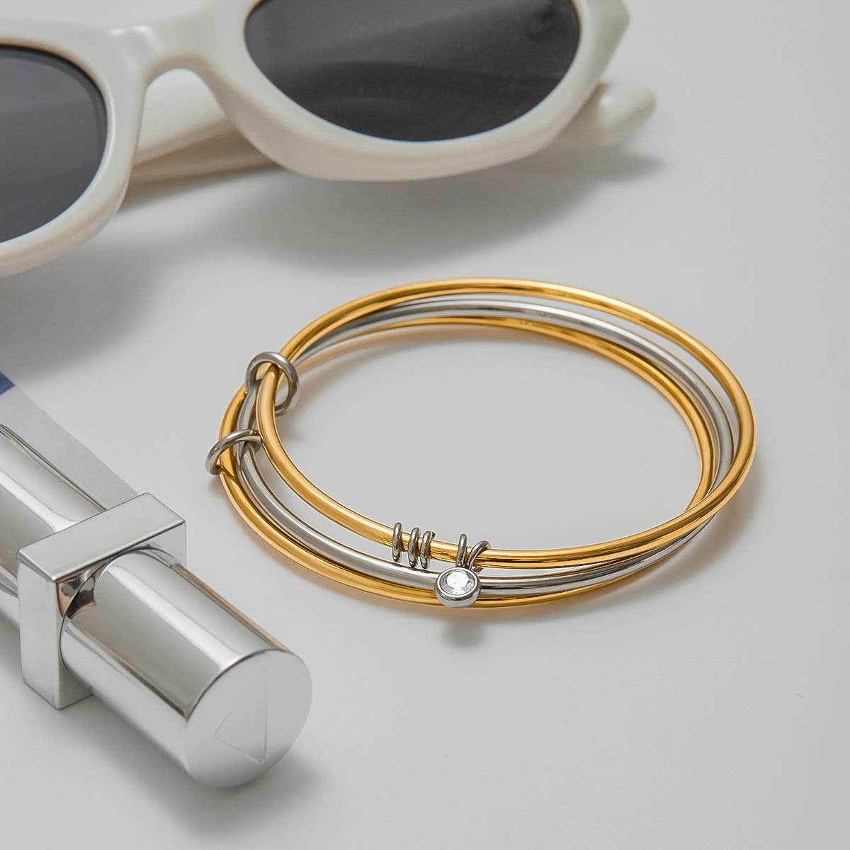 CLASSIC 18K GOLD SILVER ZIRCON BANGLE SIZE 60_CWAJE4820