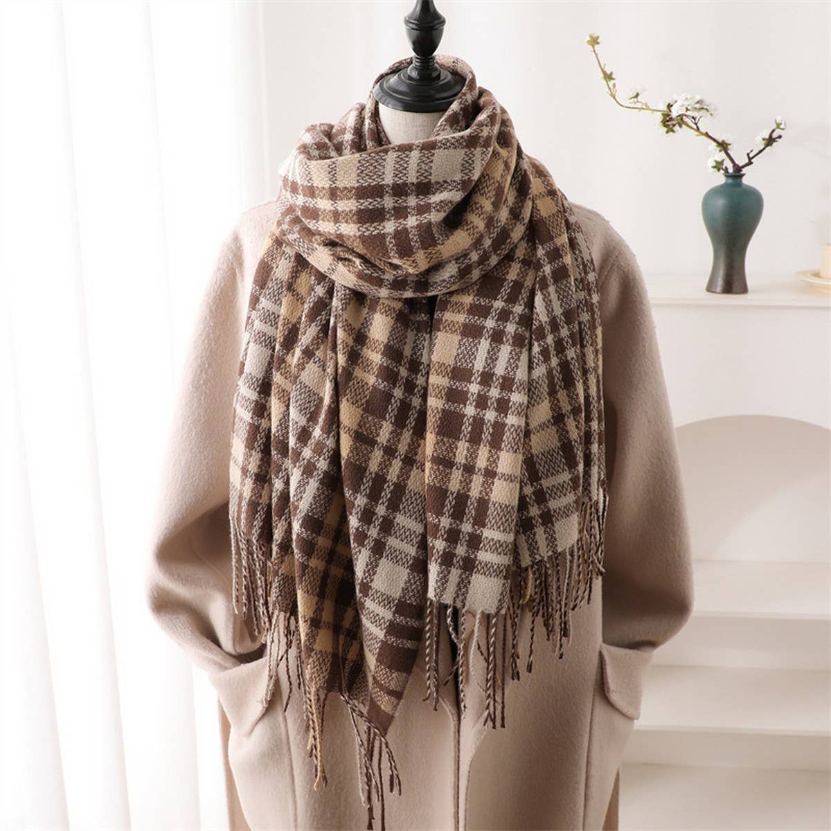 PLAID CASHMERE LIKE SCARF WITH FRINGE FOR WINTER_CWASC1443