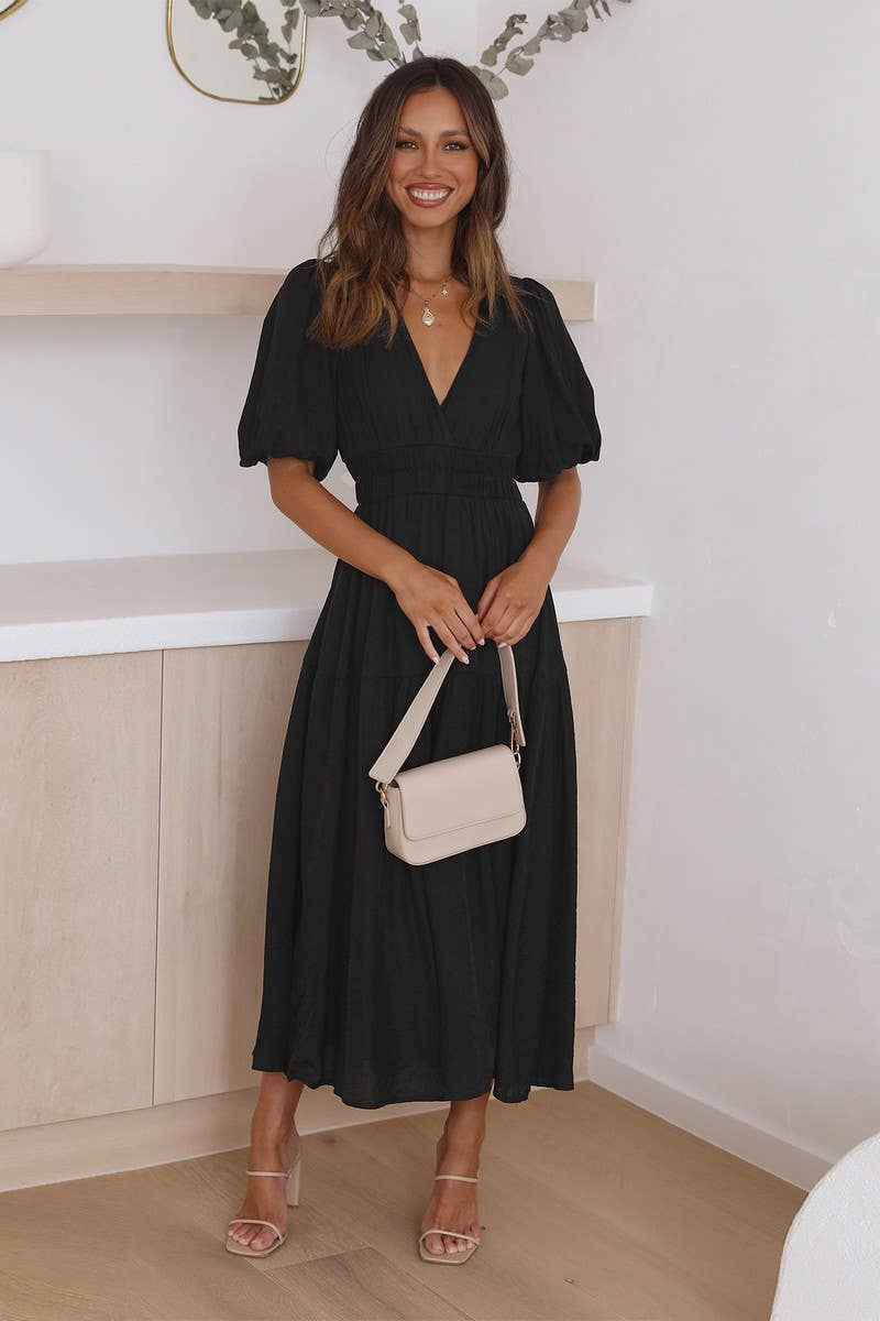 Solid Color Dark V Lantern  Sleeve Dress