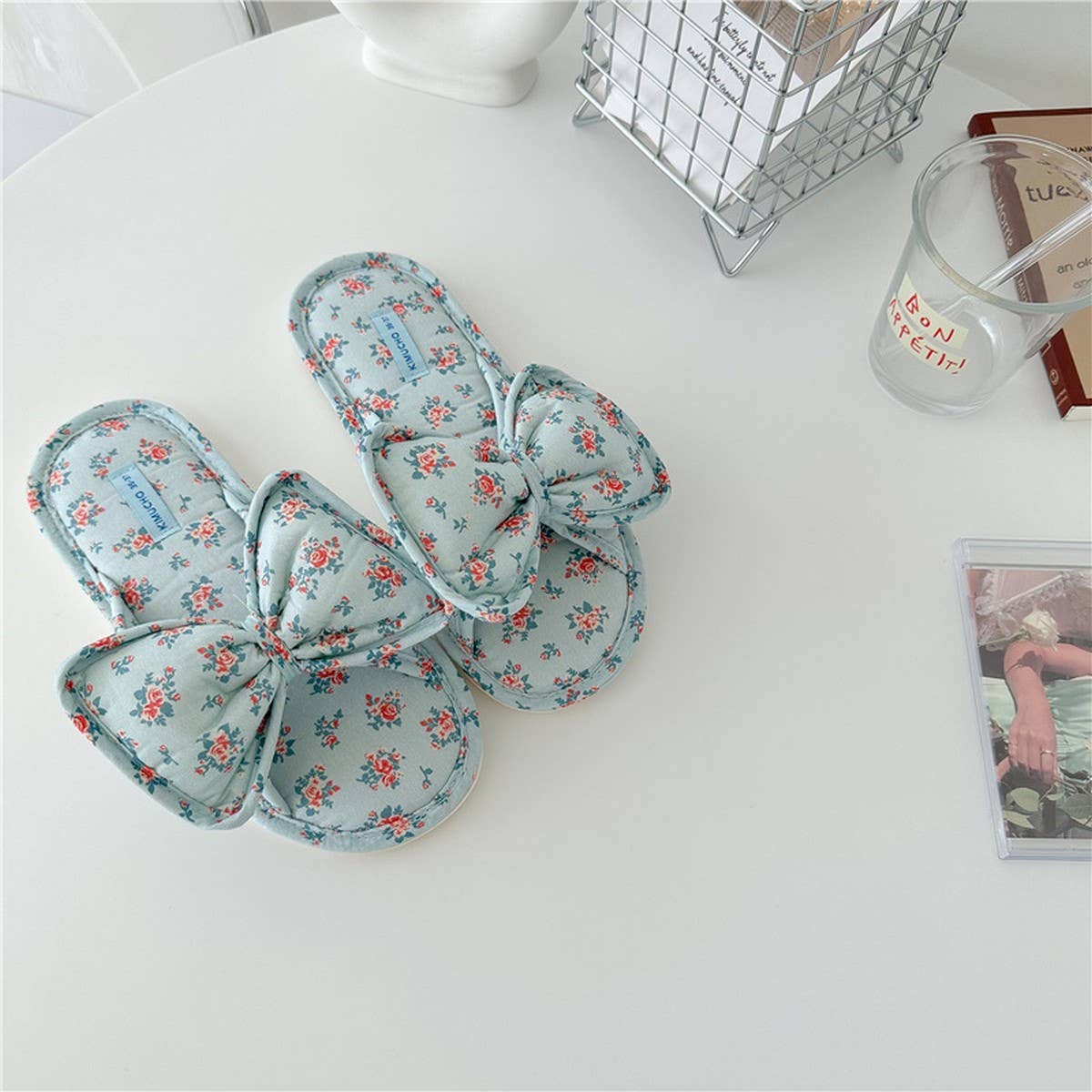 LIGHT BLUE FLORAL BOW KNOT THICK SOLED HOME SHOES_CWMM2970