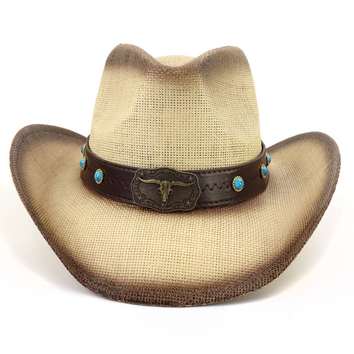 Western Straw Cowboy Hat With Bull Head,Turquoise_Cwah0684