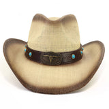 Western Straw Cowboy Hat With Bull Head,Turquoise_Cwah0684