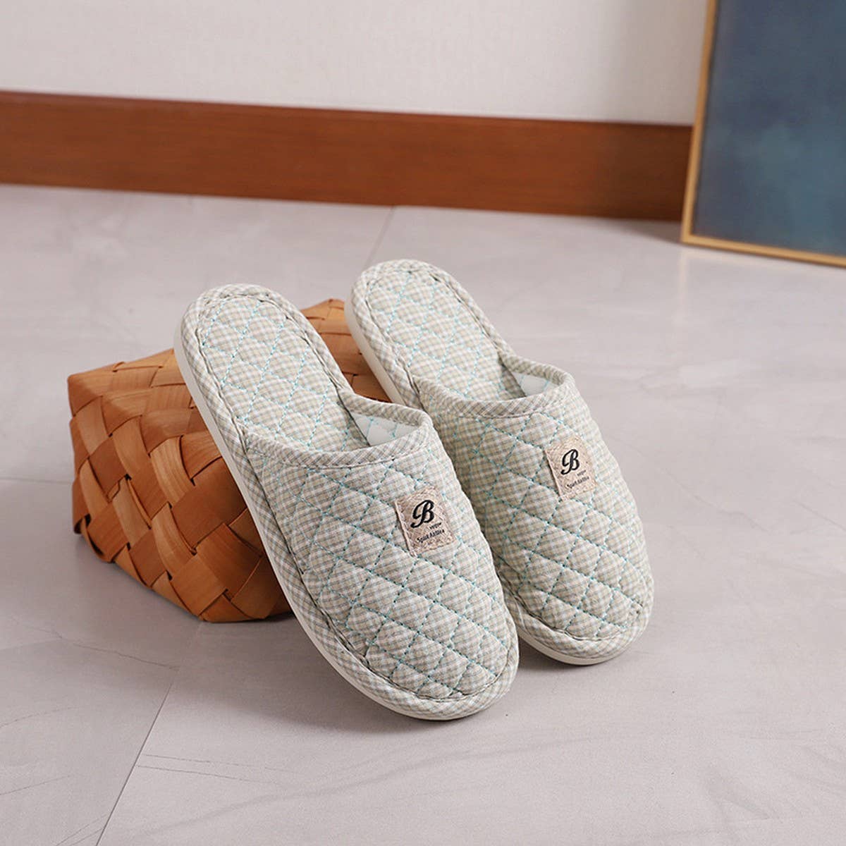 PLAID COTTON CLOSED TOE SLIPPERS WITH RUBBER SOLE_CWSHF0201