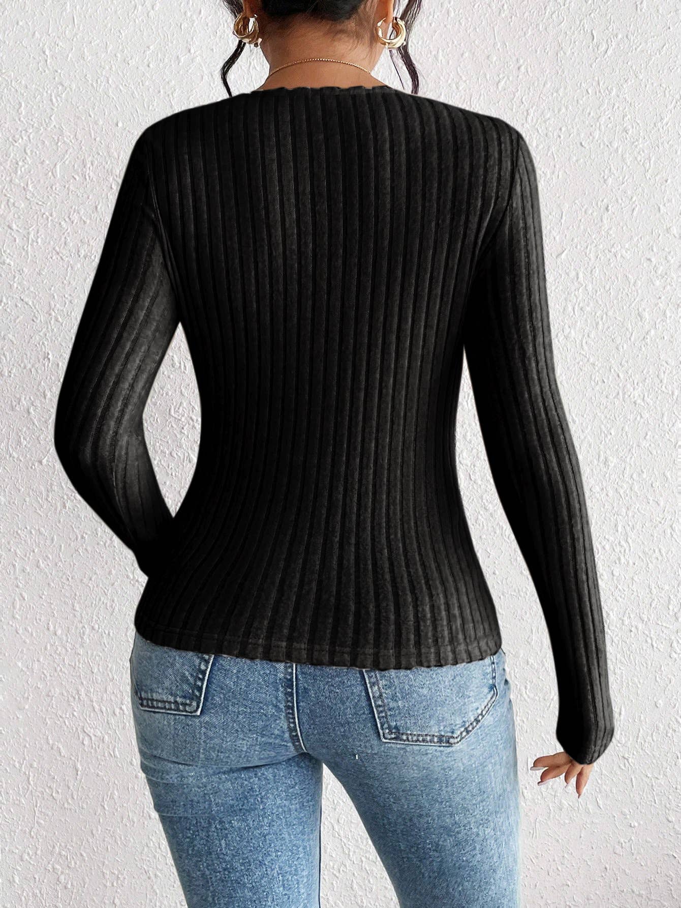 Square Collar Solid Color Pit Strip Slim Knit Top