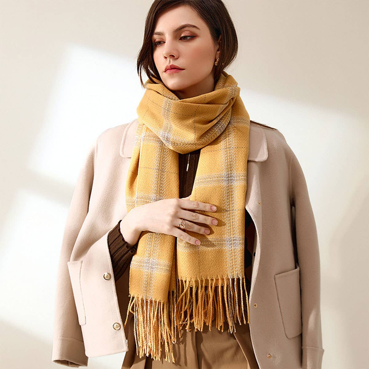 PLAID FAUX CASHMERE SCARF TASSEL WINTER SHAWL_CWASC0218