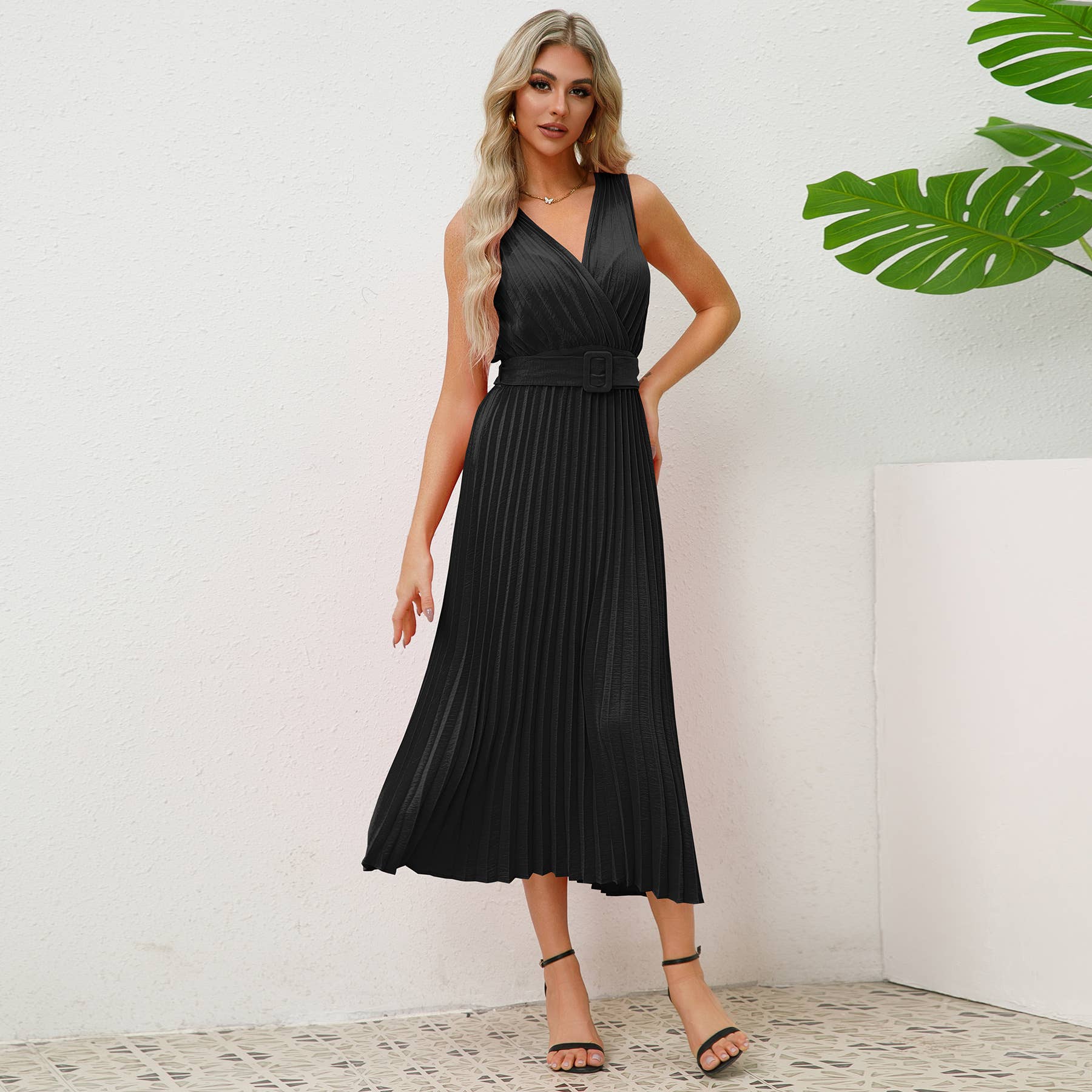 V-Neck Pleated Belted Bodycon Midi Dress