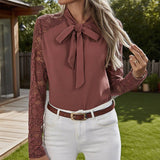 Solid-Color Lace Patchwork Long-Sleeved Shirt